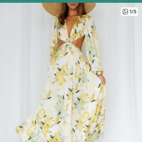 Hello Molly Dresses & Skirts - Floral Long Sleeve Cutout Maxi Yellow Hello Molly Dress Size L